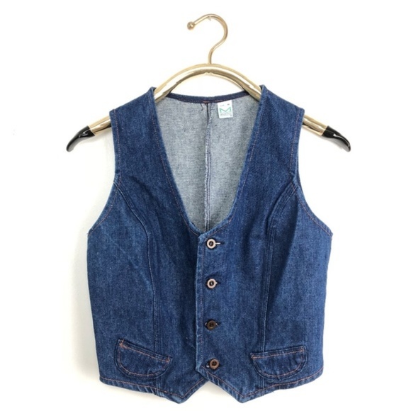 Vintage Jean Vest 70s Crop Biker Denim Trucker Top - Picture 2 of 5